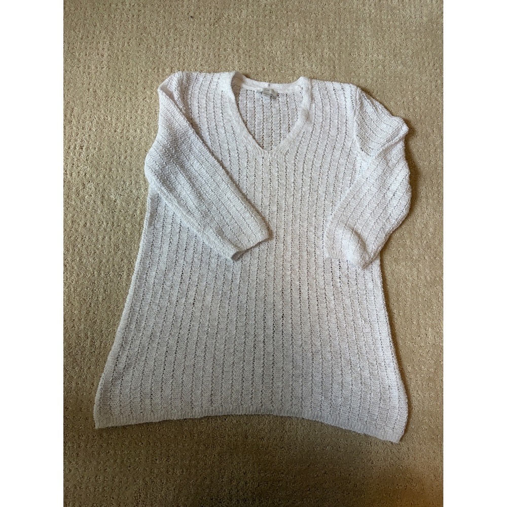 J. Jill Sweater Women SP White V-Neck Open Knit 3/4 Sleeve Cotton Coastal Casual